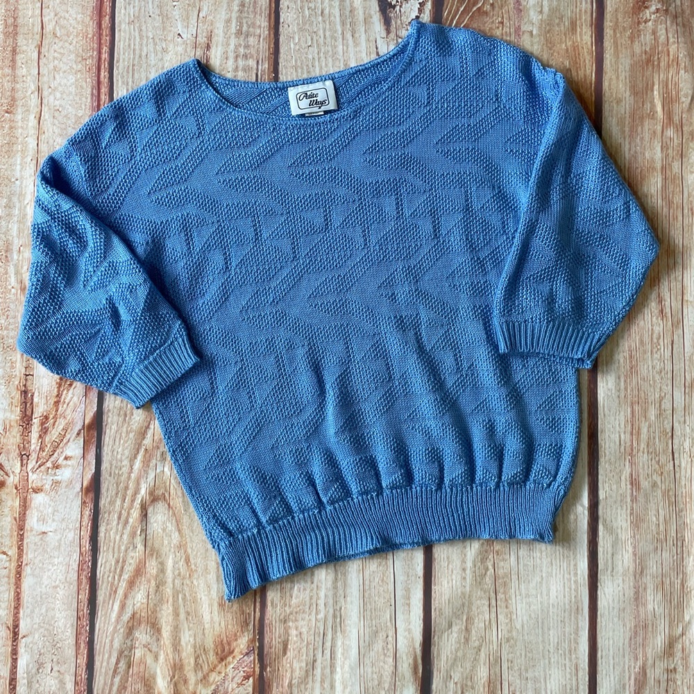 Vintage Sweater Lightweight 3 Quarter Sleeve Blue Acrylic Womens Size Med
